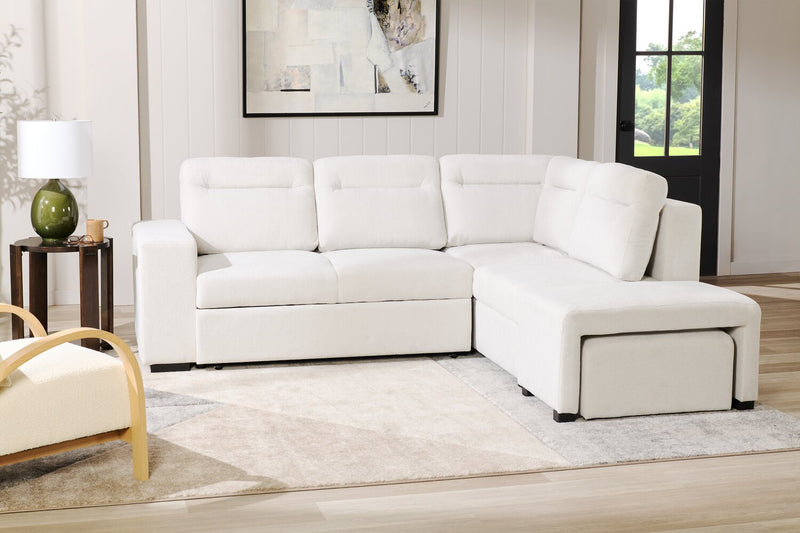 Sofa-lit sectionnel de droite Coast 3 pièces en tissu blanc ivoire avec fauteuil long de rangement et accoudoir de rangement