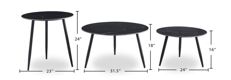 Ensemble 3 tables modernes Delancey de 31,5 po (table à café et 2 tables de bout) - noir