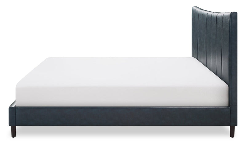 Lit plateforme rembourré Paseo en tissu de cuir végétalien bleu marine - format très grand lit