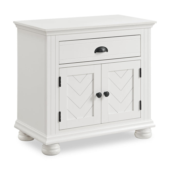 Ensemble de chambre à coucher Ella 6 pièces blanc avec lit à panneaux, commode, miroir et table de nuit - format grand lit