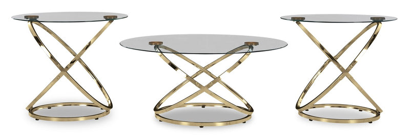 Ensemble de 3 tables rondes somptueuses Joyce de 38 po, table à café et 2 tables de bout - base en métal doré avec dessus en verre