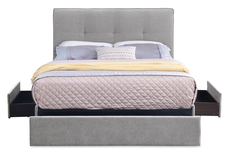 Base de lit de rangement Amos rembourrée en tissu gris avec 3 tiroirs intégrés - format lit double