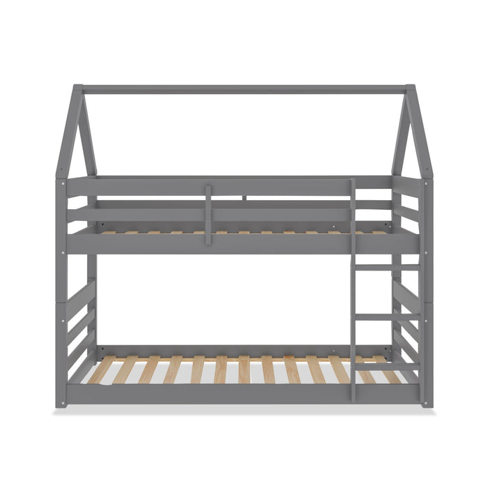 Lits simples superposés Gemma en forme de maison avec toit, échelle intégrée et garde-corps pour enfants - gris