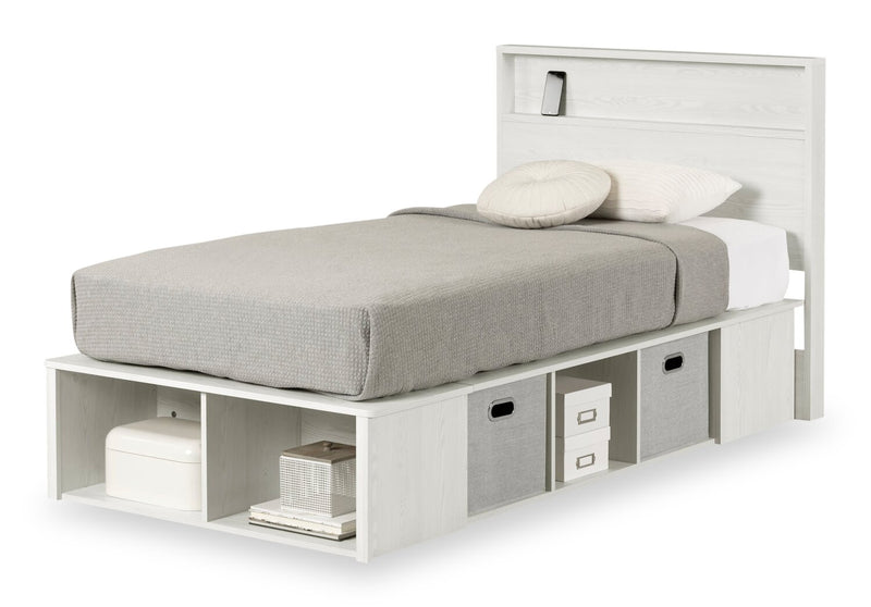 Ensemble lit plateforme Everley 5 pièces avec tête de lit à panneau, commode verticale et table de nuit, blanc - format lit simple