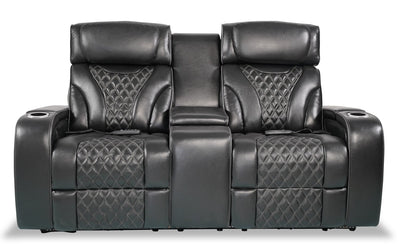 Elite 74" Genuine Leather Massage Power Reclining Loveseat with Power Headrests and Storage Arms - Black | Causeuse de massage à inclinaison électrique Elite de 74 po en cuir véritable avec appuie-têtes électriques et accoudoirs de rangement - noire