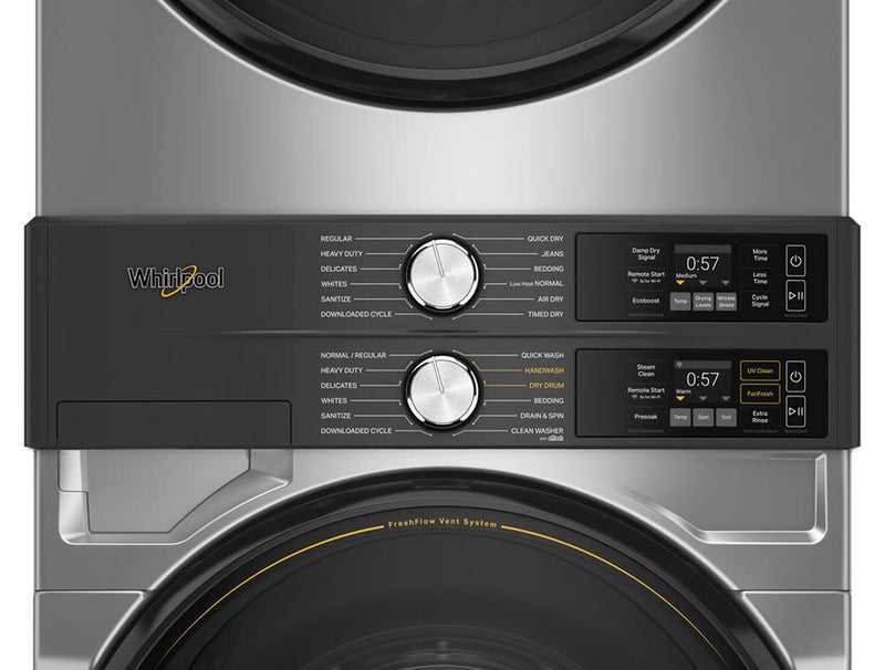 Tour de lavage Whirlpool à chargement frontal avec laveuse de 5,2 pi³ et sécheuse électrique de 7,4 pi³ - argent - YWEF5727TR