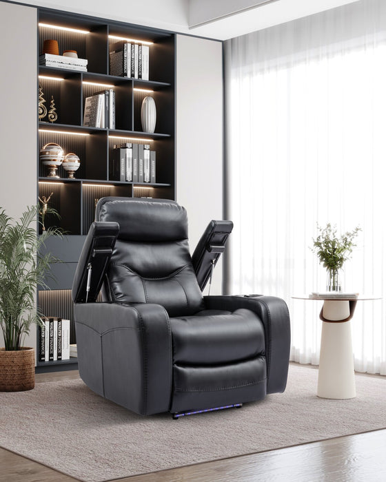 Fauteuil à inclinaison électrique Glow de 33 po en tissu avec accoudoirs de rangement - noir