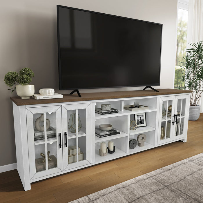 Meuble pour téléviseur moderne Sterling de 95.83 po avec rangement et système de gestion des câbles pour téléviseurs jusqu’à 100 po - brun et blanc