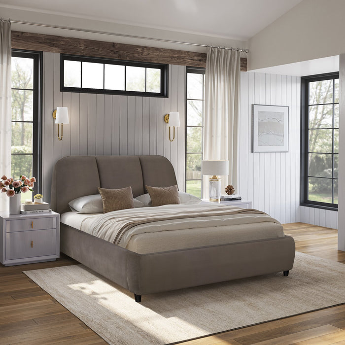 Lit plateforme rembourré Mave en tissu de velours gris - format grand lit