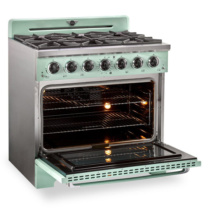 Cuisinière à gaz Classic Rétro par Unique de 36 po et de 5,2 pi3 à 6 brûleurs avec convection - vert menthe estival - UGP-36CR LG