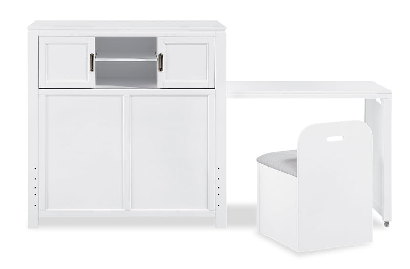 Lit plateforme Quinn avec tête de lit bibliothèque, bureau intégré et tabouret, blanc - format lit simple