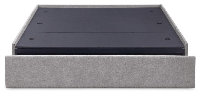 Base de lit de rangement Amos rembourrée en tissu gris avec 3 tiroirs intégrés - format très grand lit