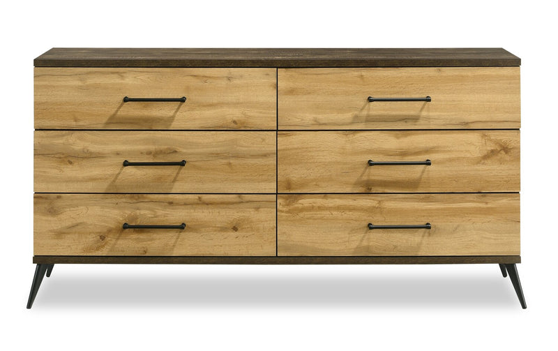 Ensemble de chambre à coucher Silas 5 pièces brun rustique avec lit plateforme, commode, miroir et éclairage à DEL - format grand lit