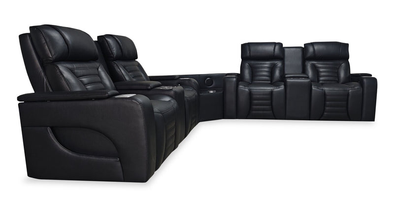 Sofa sectionnel à inclinaison électrique Zen 3 pièces en tissu d’apparence cuir avec massage et 2 consoles à compartiment réfrigéré - noir