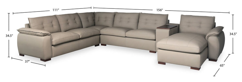 Sofa sectionnel modulaire de droite Raya 5 pièces en cuir véritable avec console de rangement et pattes en bois - beige pierre