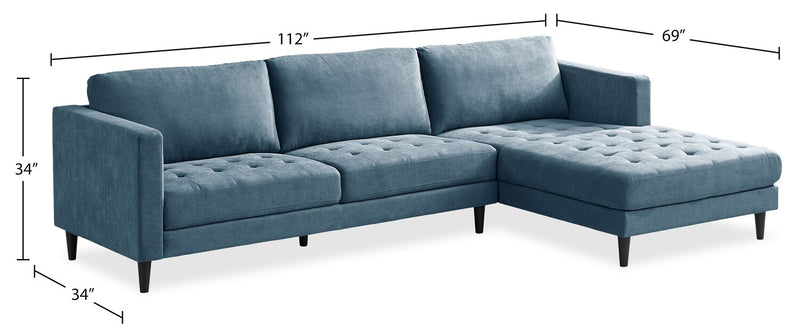 Sofa sectionnel de droite Metro 2 pièces en tissu avec fauteuil long et coussins de siège capitonnés - bleu denim