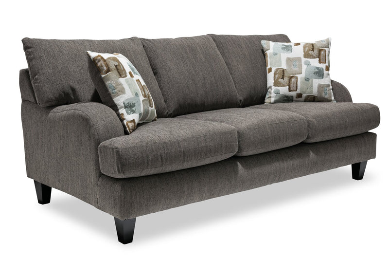 Sofa Nofia de 80 po fabriqué au Canada en tissu de chenille avec 2 coussins décoratifs et pattes en bois - gris anthracite