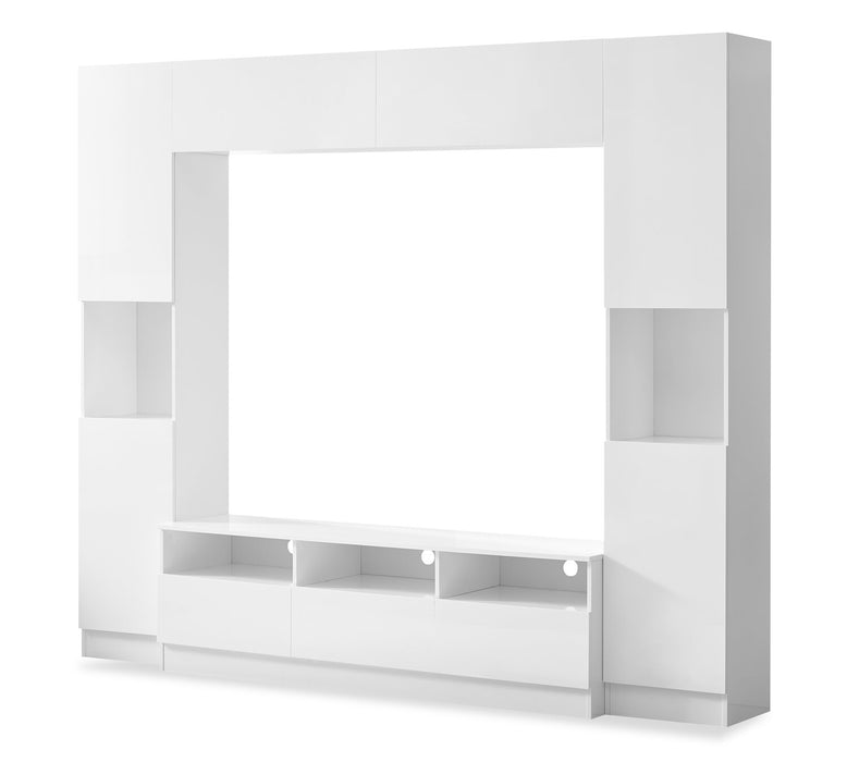 Meuble audio-vidéo Celine de 94.5 po 4 pièces avec rangement et système de gestion des câbles pour téléviseurs de jusqu’à 70 po - blanc