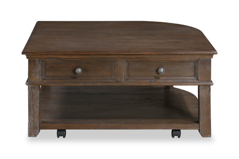 Table à café traditionnelle Weston de 38 po avec dessus relevable, rangement et roulettes - orme brun