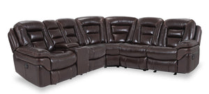 Sofa sectionnel à inclinaison électrique Leo 6 pièces en cuir véritable avec console de rangement et 2 porte-gobelets - brun noyer