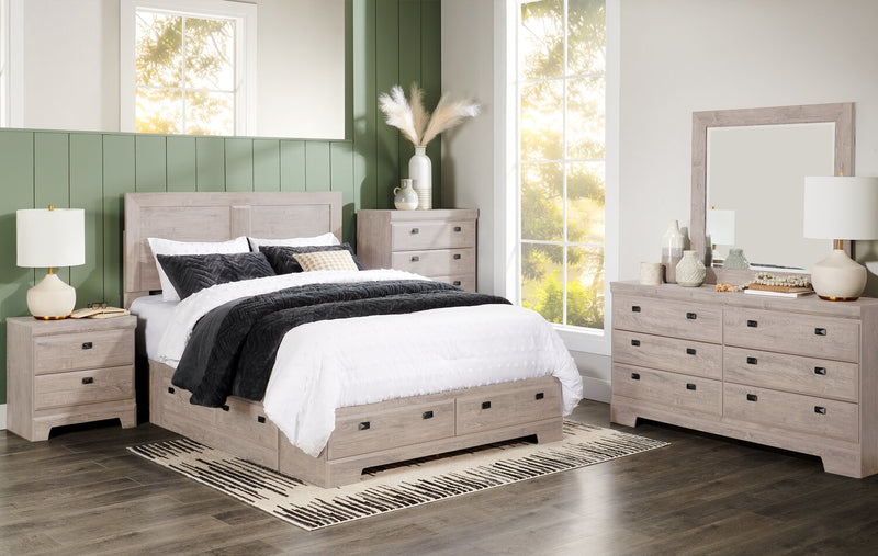 Ensemble de chambre à coucher Yorkdale 6 pièces avec lit de rangement à 6 tiroirs, commode, miroir et table de nuit, blanc - format grand lit