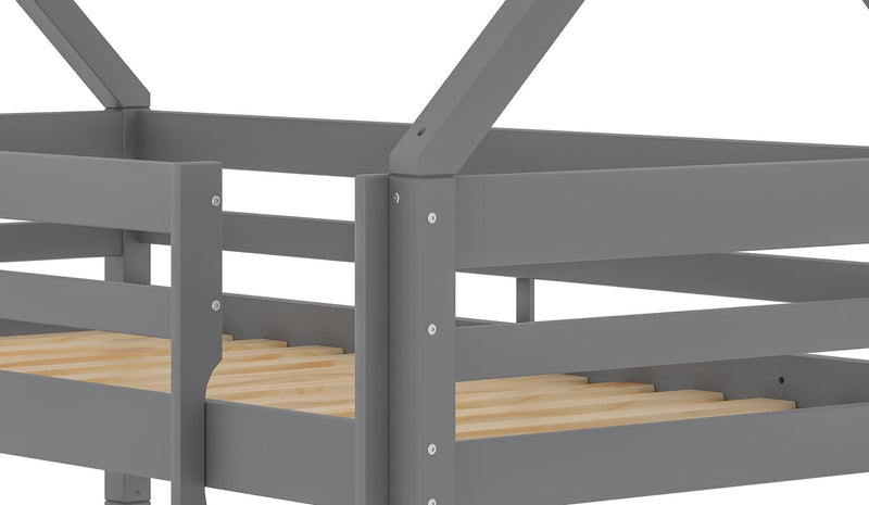 Lits simples superposés Gemma en forme de maison avec toit, échelle intégrée et garde-corps pour enfants - gris