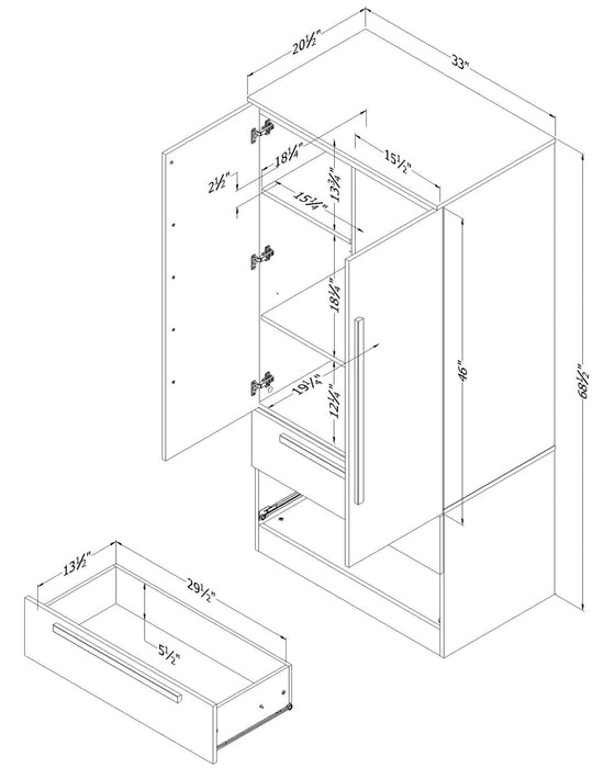 Commode verticale Alex de 33 po (L) x 68,5 po (H) à 2 tiroirs avec armoire de rangement pour la chambre à coucher - naturelle
