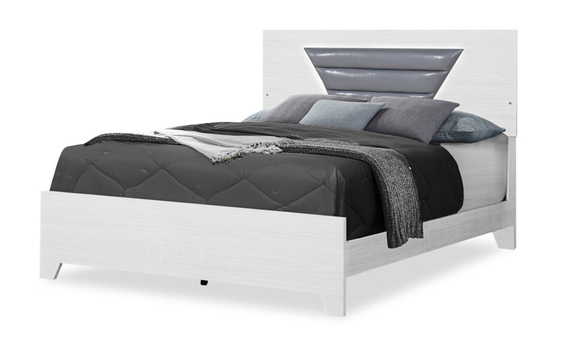 Ensemble de chambre à coucher moderne Elite blanc 5 pièces avec lit, commode, miroir et éclairage à DEL - format grand lit