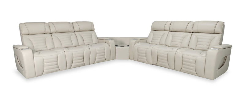 Sofa sectionnel à inclinaison électrique Zen 3 pièces en tissu d’apparence cuir avec massage et 2 consoles rabattables - abricot