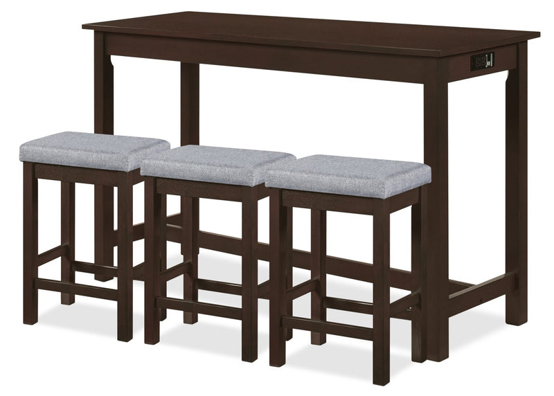 Coin-repas moderne Noah de 60 po avec 3 tabourets de hauteur comptoir et ports USB - espresso