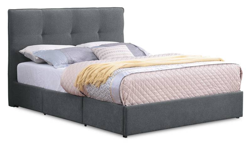 Base de lit de rangement Amos rembourrée en tissu anthracite avec 3 tiroirs intégrés - format grand lit