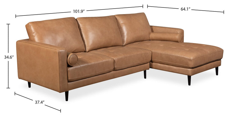 Sofa sectionnel de droite Edge 2 pièces en cuir véritable avec pattes en bois et coussins de dossier amovibles - brun