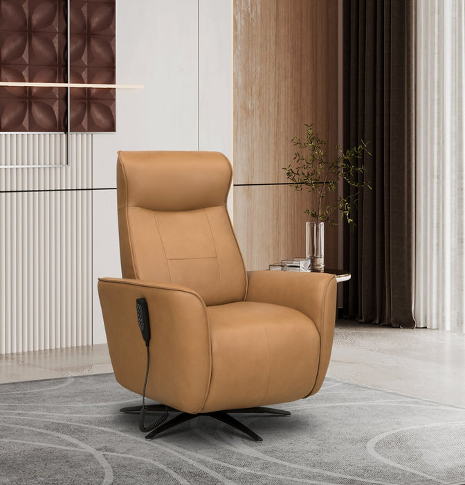 Fauteuil de massage à inclinaison électrique Serene de 31 po en cuir véritable avec appuie-tête électrique et siège chauffant - tan