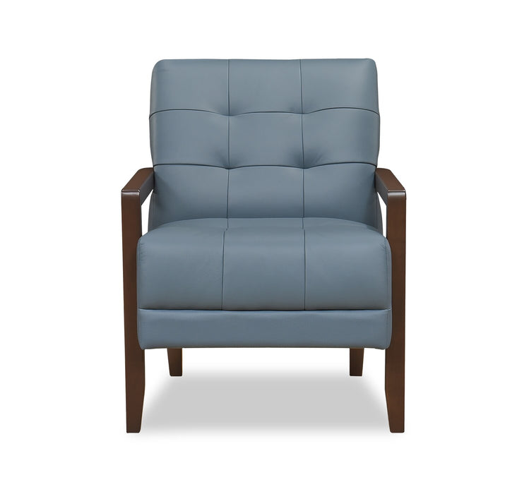 Fauteuil d’appoint Enzo de 26 po en cuir véritable avec capitonnage en biscuit, accoudoirs rectilignes et pattes en bois - bleu