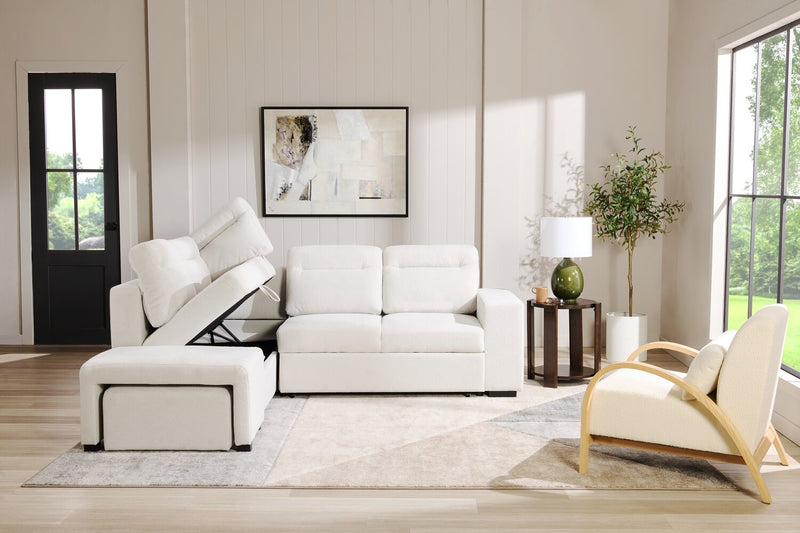 Sofa-lit sectionnel de gauche Coast 3 pièces en tissu blanc ivoire avec fauteuil long de rangement et accoudoir de rangement