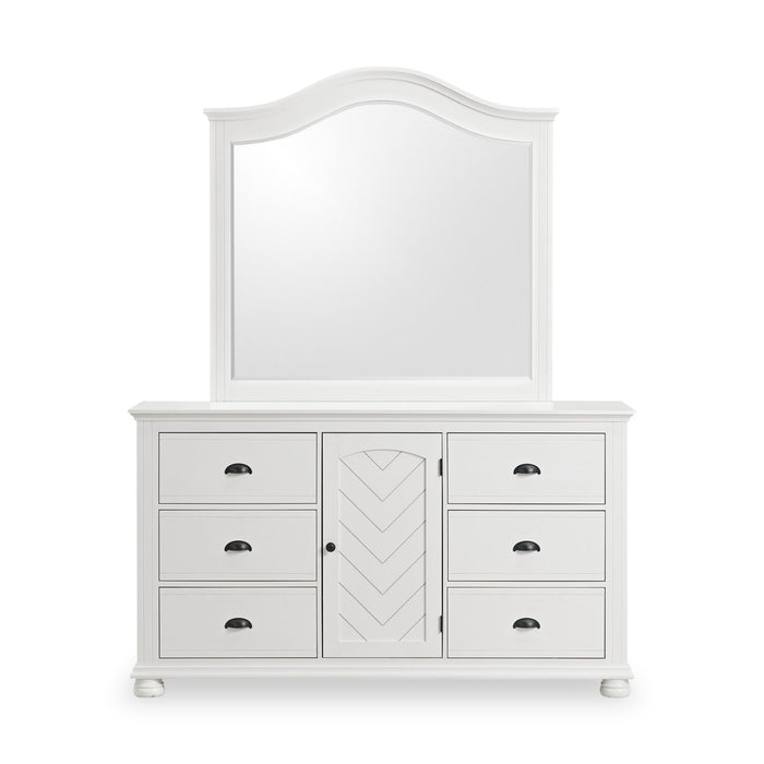 Ensemble de chambre à coucher Ella 6 pièces blanc avec lit à panneaux, commode, miroir et table de nuit - format grand lit