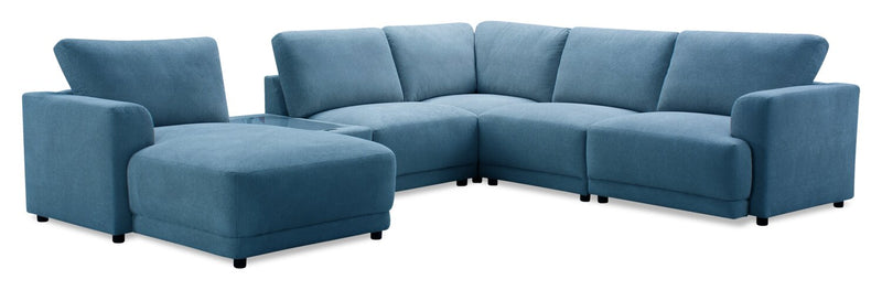 Sofa sectionnel modulaire de gauche Voyage 6 pièces en tissu avec console et coussins de dossier amovibles - bleu