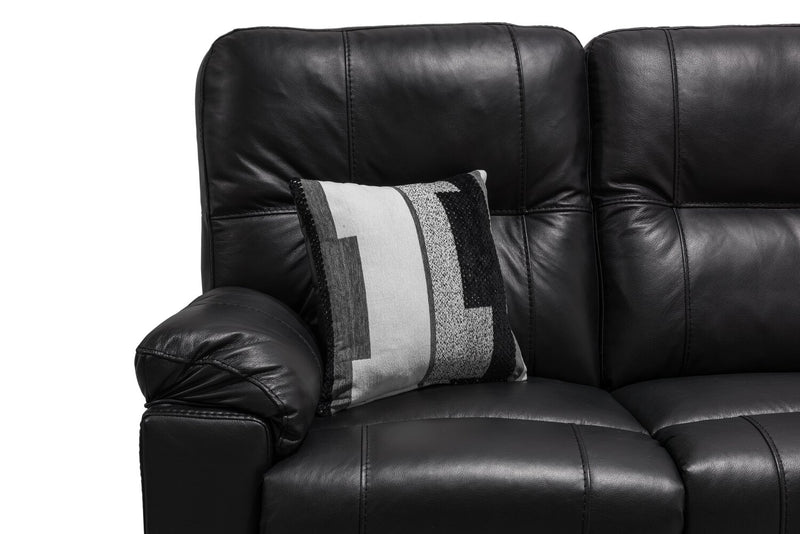 Sofa à inclinaison électrique Dawson de 87 po fabriqué au Canada en cuir véritable avec port USB et oussins décoratifs - noir