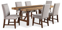  Ensemble de salle à manger Boden 7 pièces avec table de 78 po (L), base à tréteaux et 6 chaises à bordure de clous décoratifs - brun et beige
