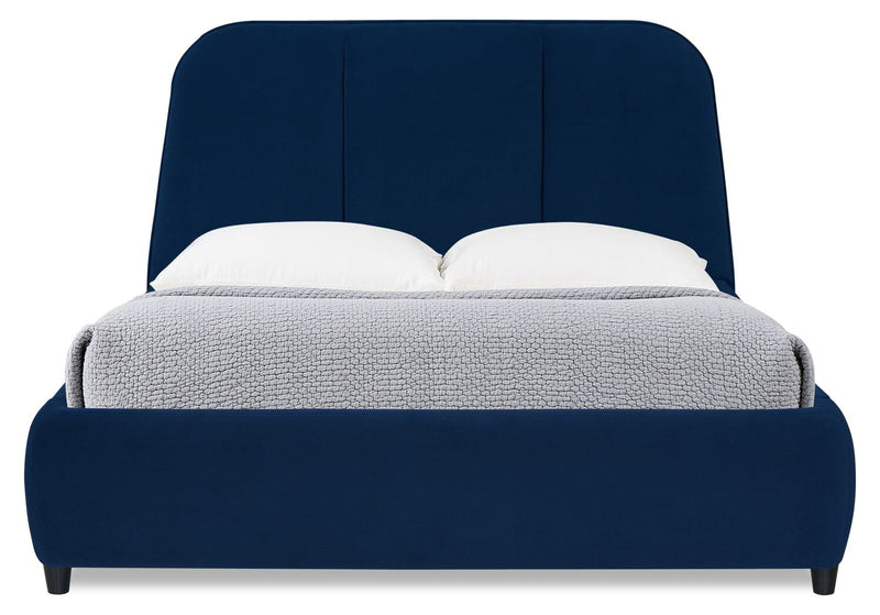 Lit plateforme rembourré Mave en tissu de velours bleu - format grand lit