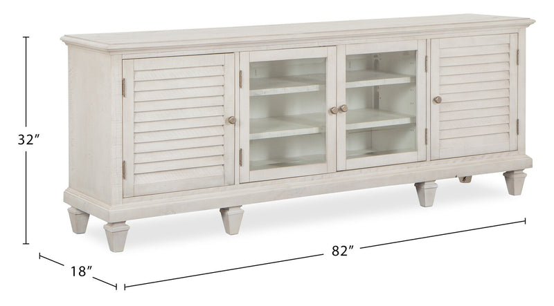 Meuble pour téléviseur rustique Baron de 82 po en pin avec rangement et système de gestion des câbles pour téléviseurs jusqu’à 90 po - albâtre