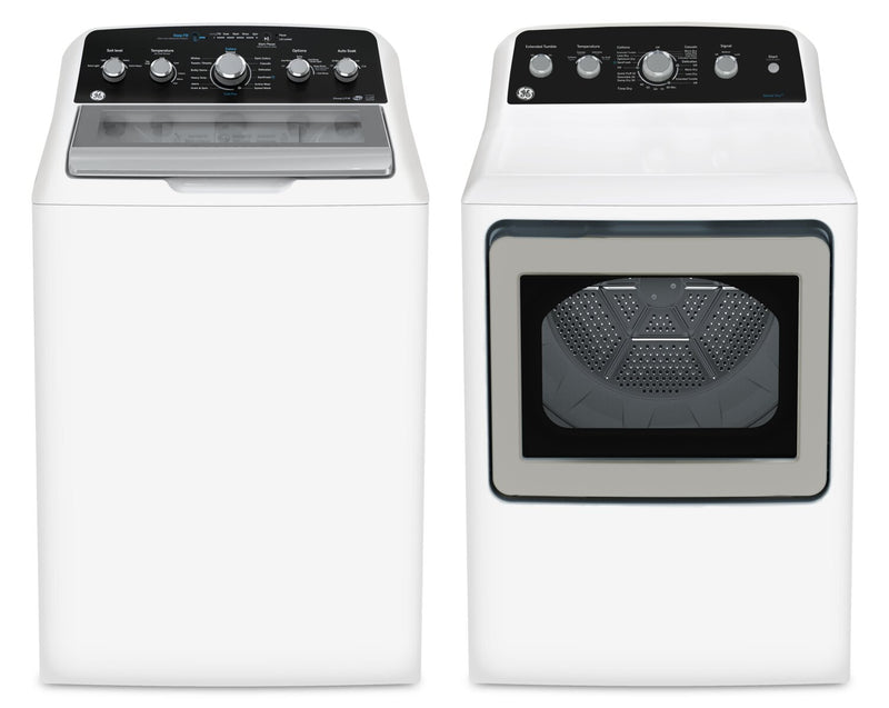 Laveuse à chargement par le haut 4,9 pi3 et sécheuse à gaz 7,2 pi3 de GE avec cycle SaniFresh