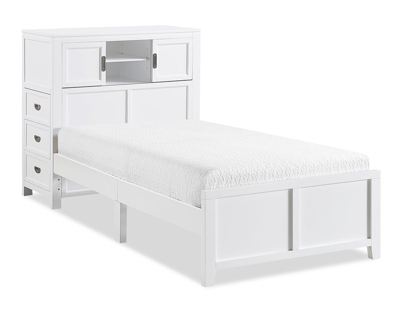 Lit plateforme Quinn avec tête de lit bibliothèque, bureau intégré et tabouret, blanc - format lit simple
