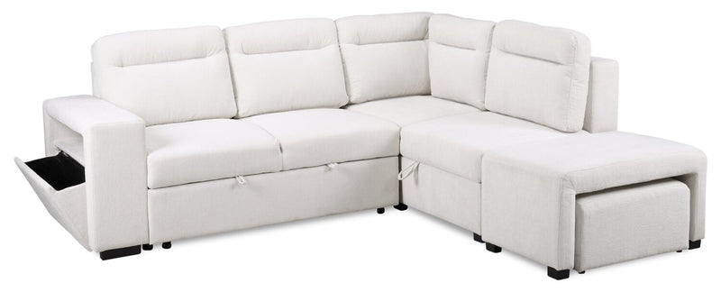 Sofa-lit sectionnel de droite Coast 3 pièces en tissu blanc ivoire avec fauteuil long de rangement et accoudoir de rangement