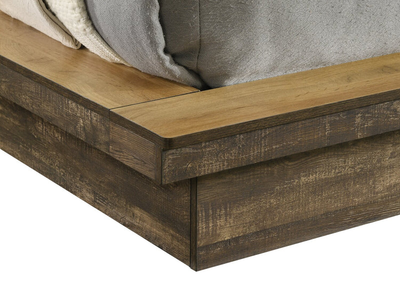 Lit plateforme Silas brun rustique avec tête de lit, cadre et éclairage à DEL - format très grand lit