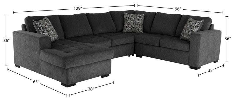 Sofa-lit sectionnel de gauche Legend 4 pièces fabriqué au Canada en tissu de chenille avec fauteuil long de rangement - gris poivre
