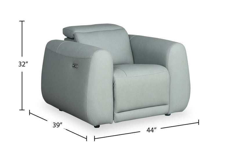 Fauteuil à inclinaison électrique Gianna de 40 po en cuir véritable avec appuie-tête électrique et port USB - bleu spa
