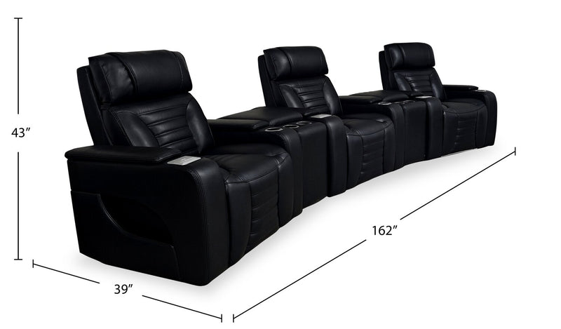 Sofa sectionnel à inclinaison électrique Zen 5 pièces de style cinéma maison en tissu d’apparence cuir avec massage et 2 consoles de rangement - noir