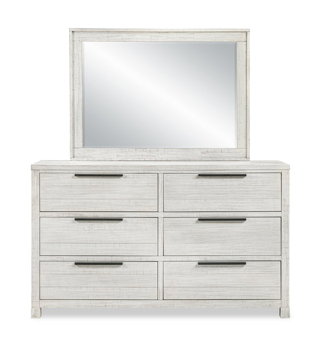 Ensemble de chambre à coucher Haven 6 pièces blanc avec lit à panneaux, commode, miroir et table de nuit - format très grand lit