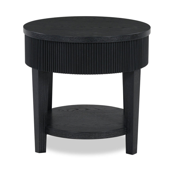 Table de bout ronde contemporaine Sanford de 24 po en bois massif avec rangement - noire